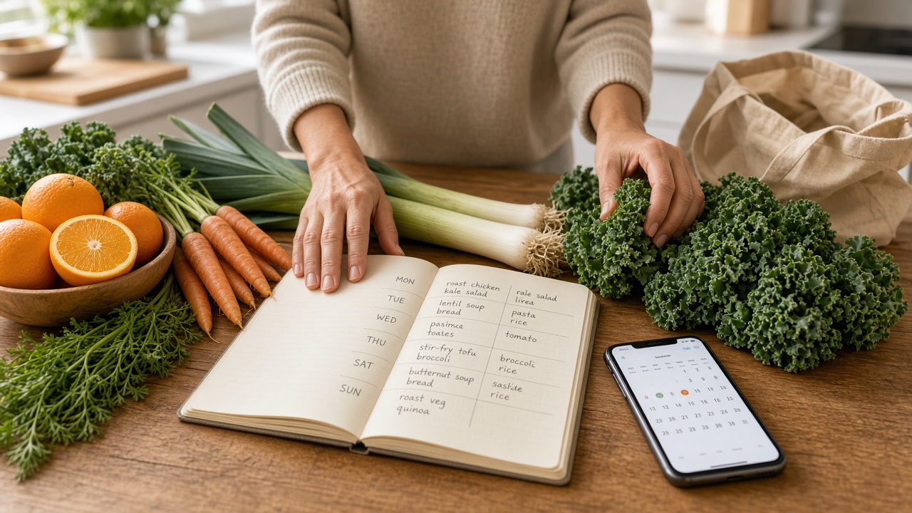 Mesa de cocina con planificación semanal de menús invernales, cítricos y verduras de temporada