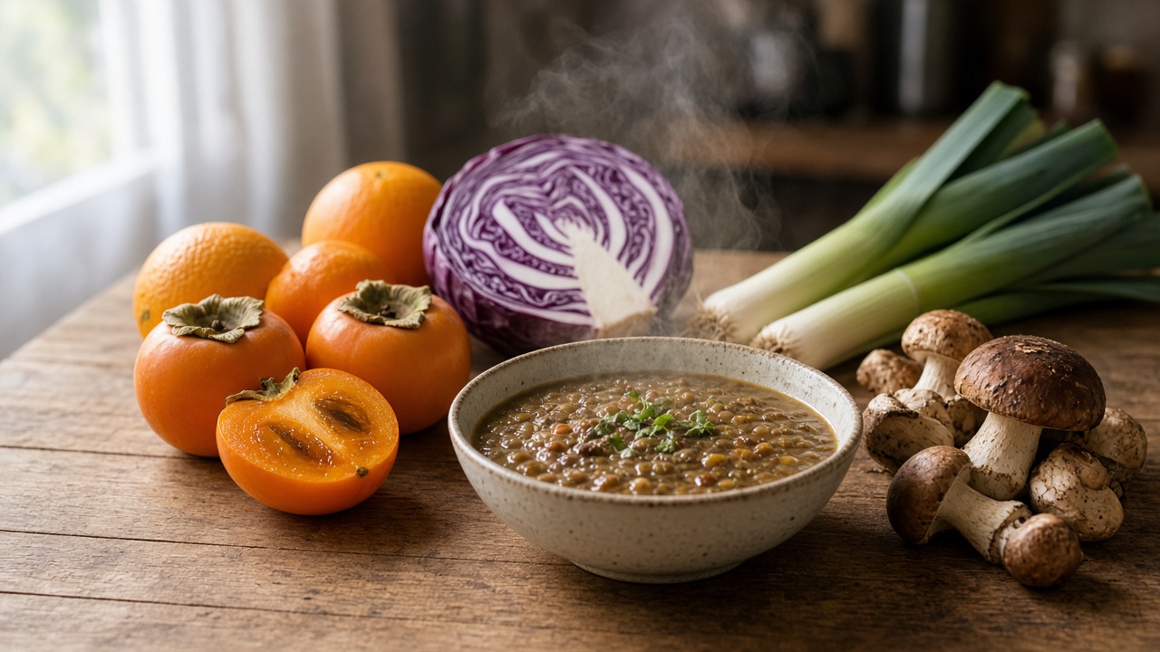Productos de invierno en una encimera de cocina con lentejas, cítricos y verduras de temporada