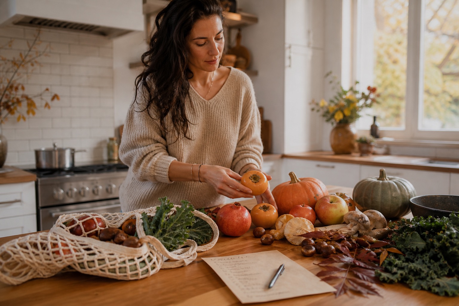 Mujer organizando frutas y verduras de otoño en una cocina luminosa con calabaza, granada y setas