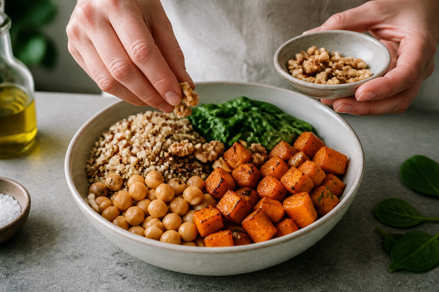Bol de otoño con calabaza asada, garbanzos, espinacas y nueces