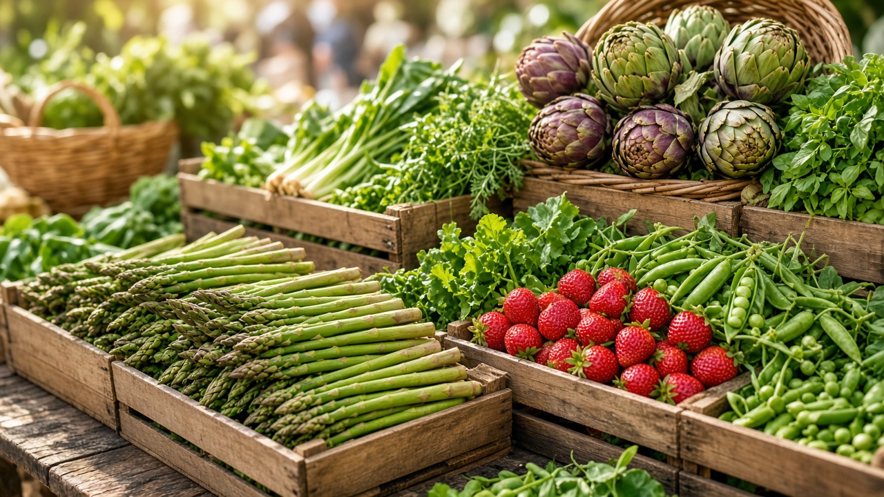 Cestas de mercado con frutas y verduras de primavera: fresas, espárragos, alcachofas y hierbas aromáticas