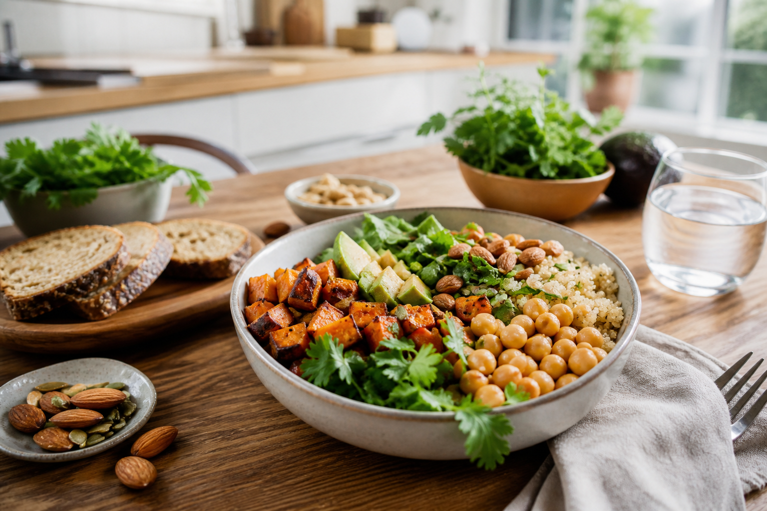 Mesa con comida vegetariana equilibrada: bowl de legumbres, quinoa, verduras asadas y aguacate en cocina luminosa