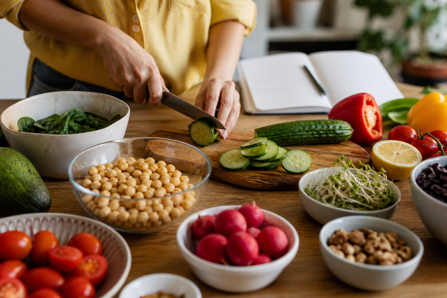 Manos preparando un almuerzo vegetariano equilibrado con verduras y legumbres en la cocina