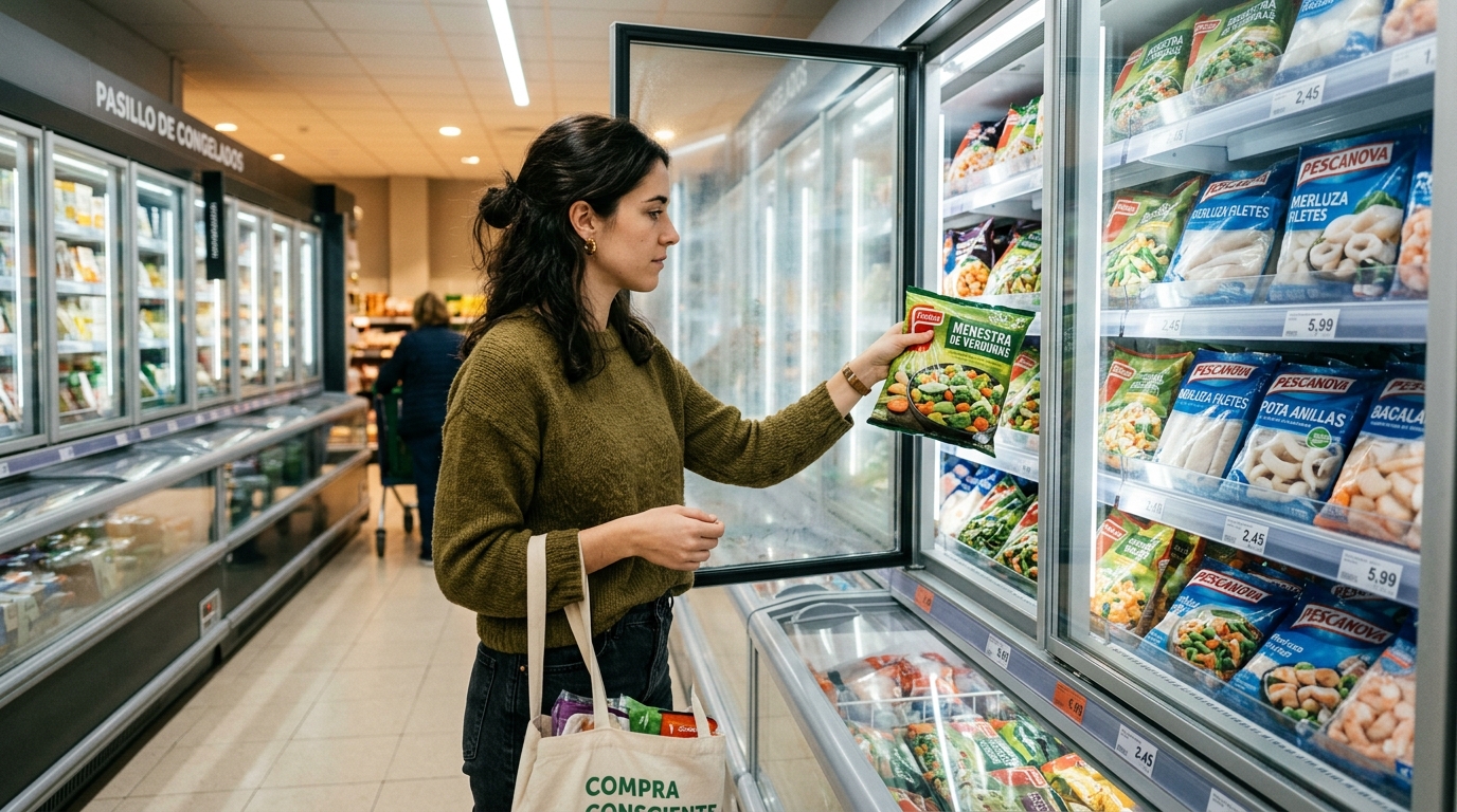 Mujer eligiendo verduras y pescado congelado en el supermercado