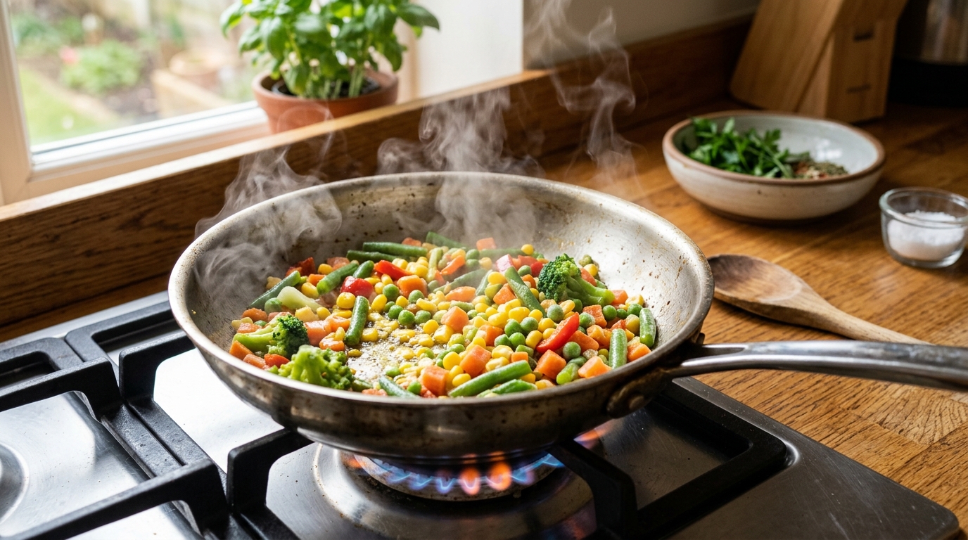 Verduras congeladas salteándose en una sartén con vapor