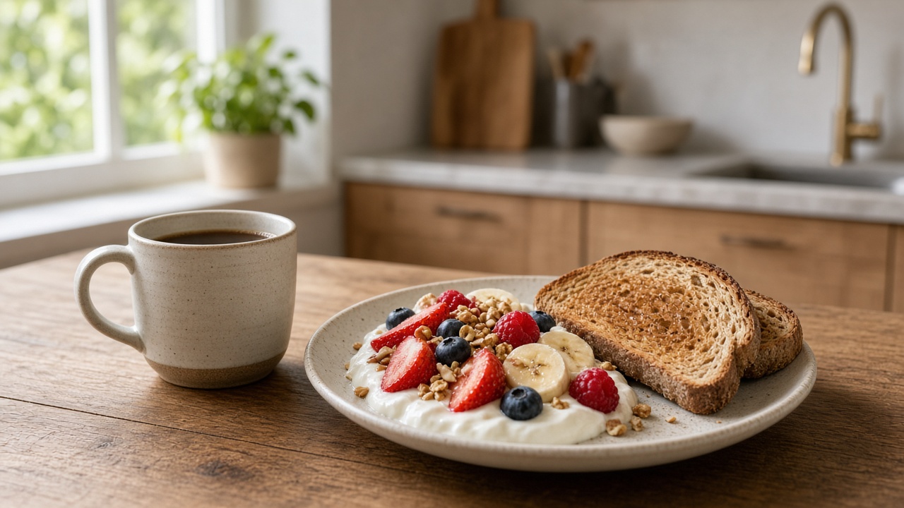 Taza de café junto a un desayuno equilibrado con fruta y tostada integral en una mesa de cocina luminosa