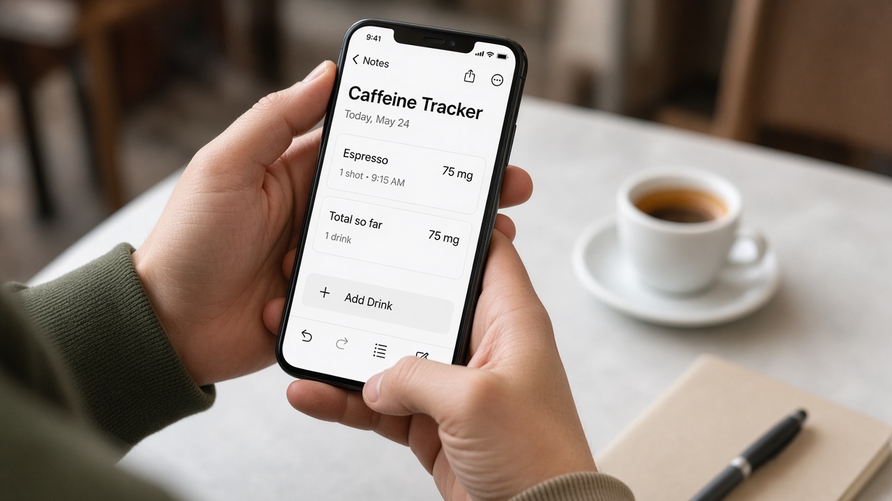 Persona revisando su consumo de cafeína con café en la mesa