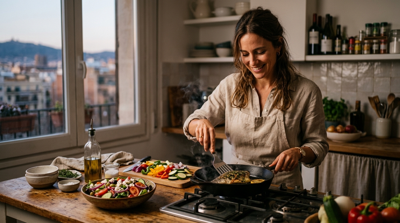 Mujer preparando una cena saludable rápida con verduras y pescado en una cocina moderna