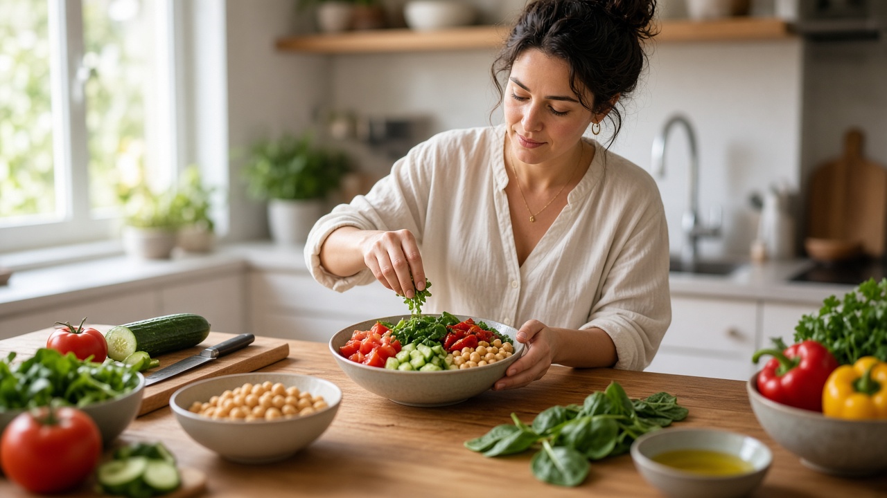 Mujer preparando un bol de verduras frescas en una cocina luminosa