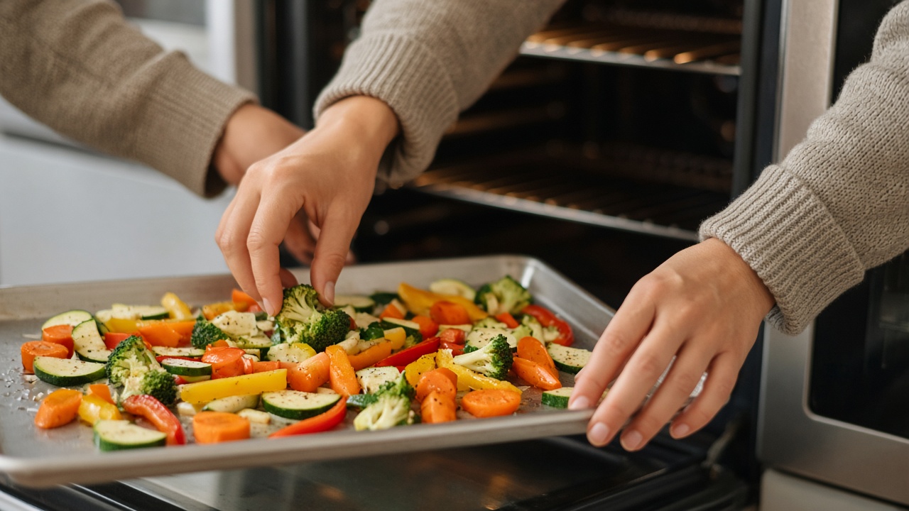 Bandeja de verduras listas para asar en horno