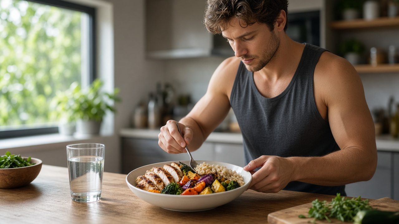 Persona preparando una comida equilibrada con proteína, arroz integral y verduras tras entrenar