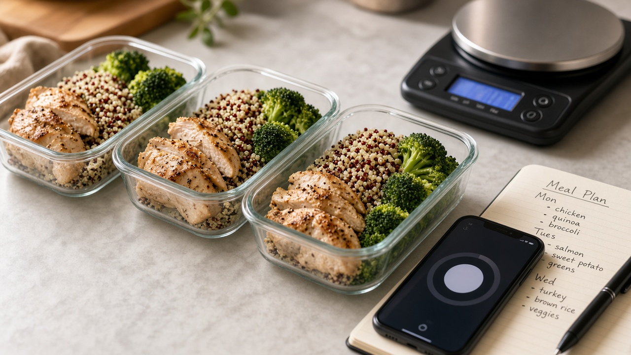 Tápers con comida equilibrada, báscula de cocina y planificación de menús para ganar masa muscular
