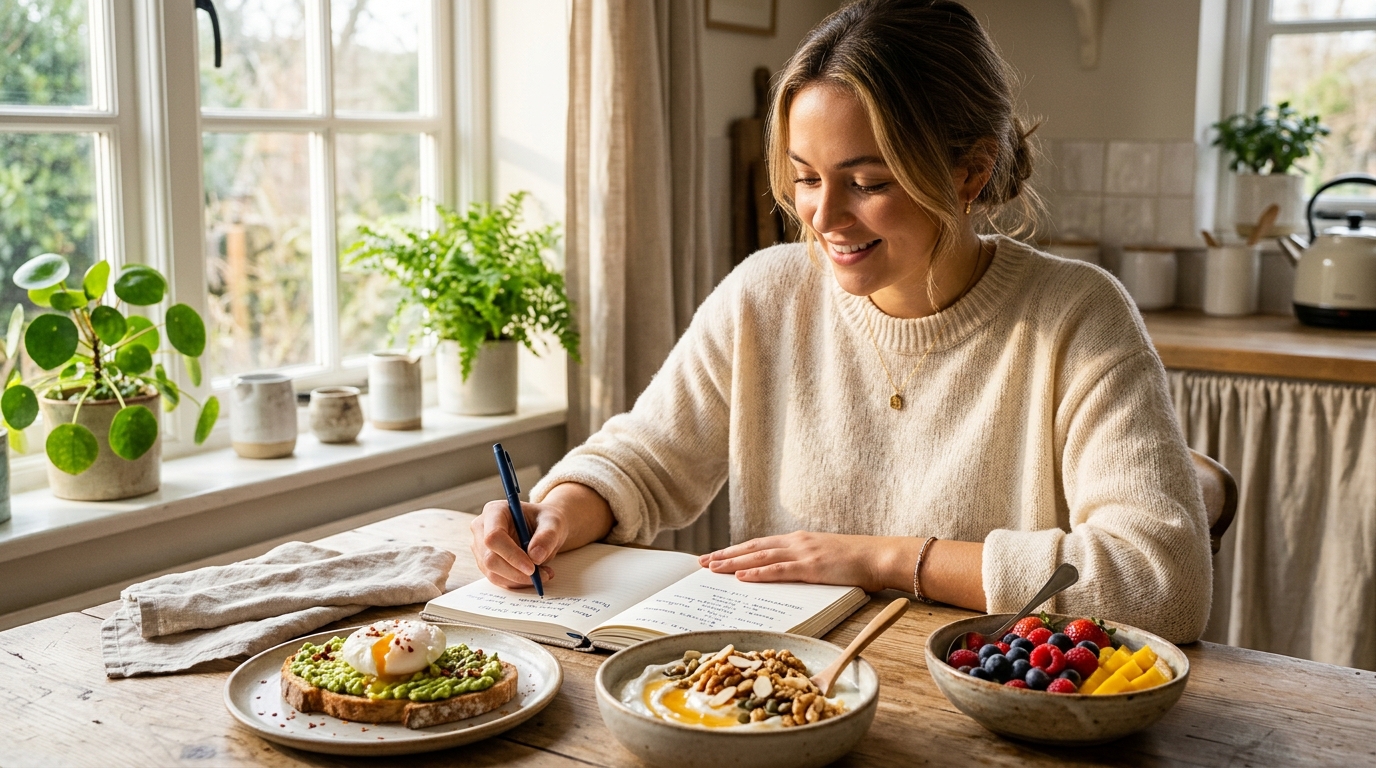 Desayuno equilibrado con huevos, aguacate, fruta y yogur para ganar peso de forma saludable