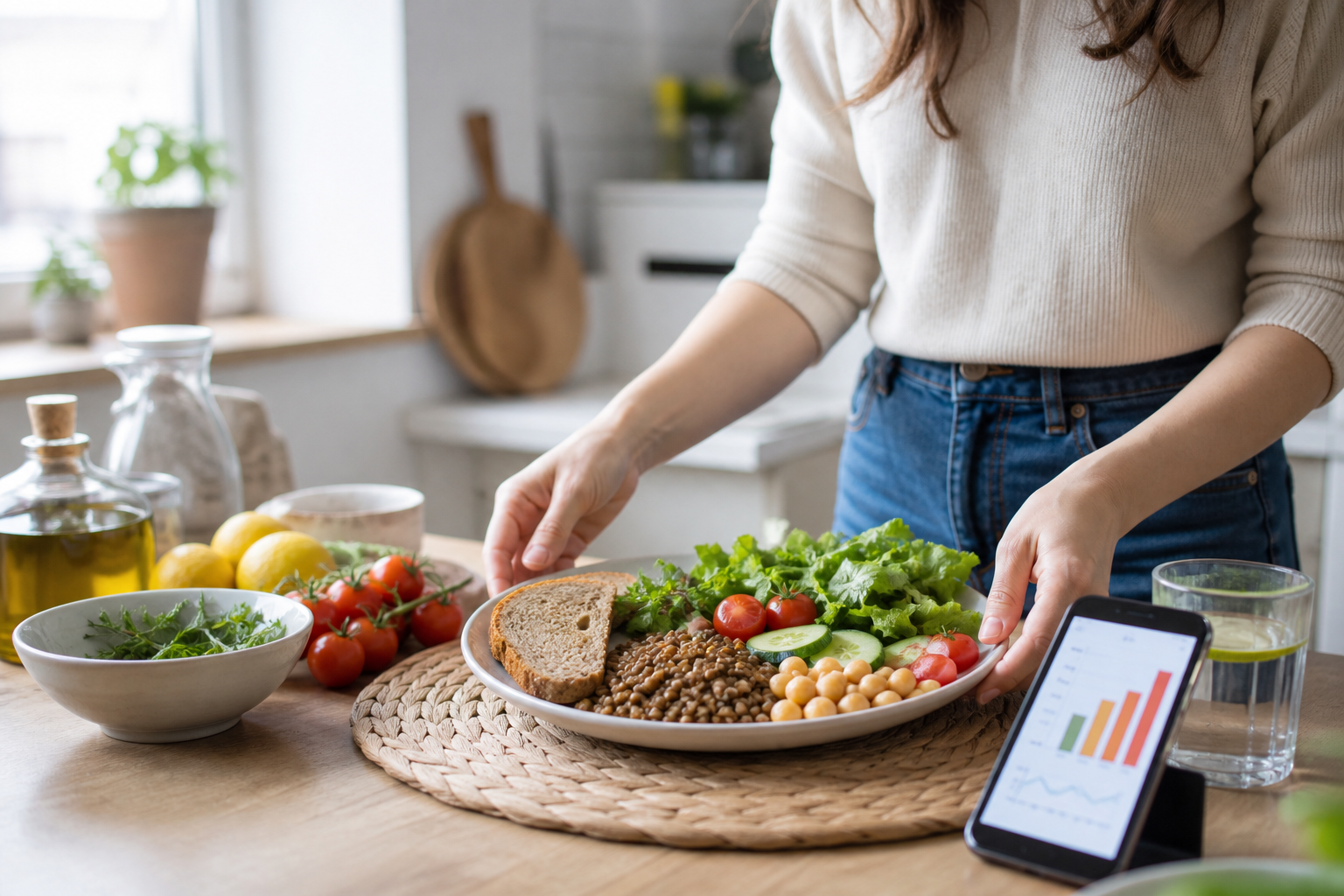 Plato equilibrado con legumbres, verduras y pan integral sobre mesa de cocina, alimentación con bajo índice glucémico