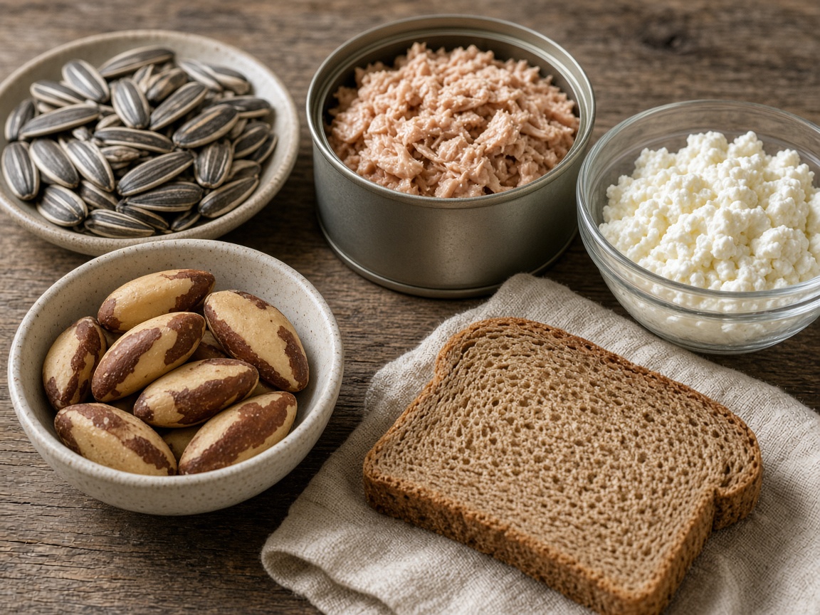 Alimentos ricos en selenio: nueces de Brasil, pescado, huevos, champiñones y pan integral