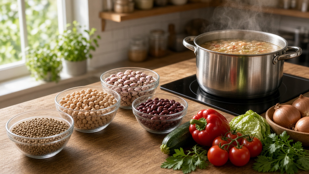 Bol de legumbres secas variadas y olla con guiso de lentejas en cocina doméstica luminosa