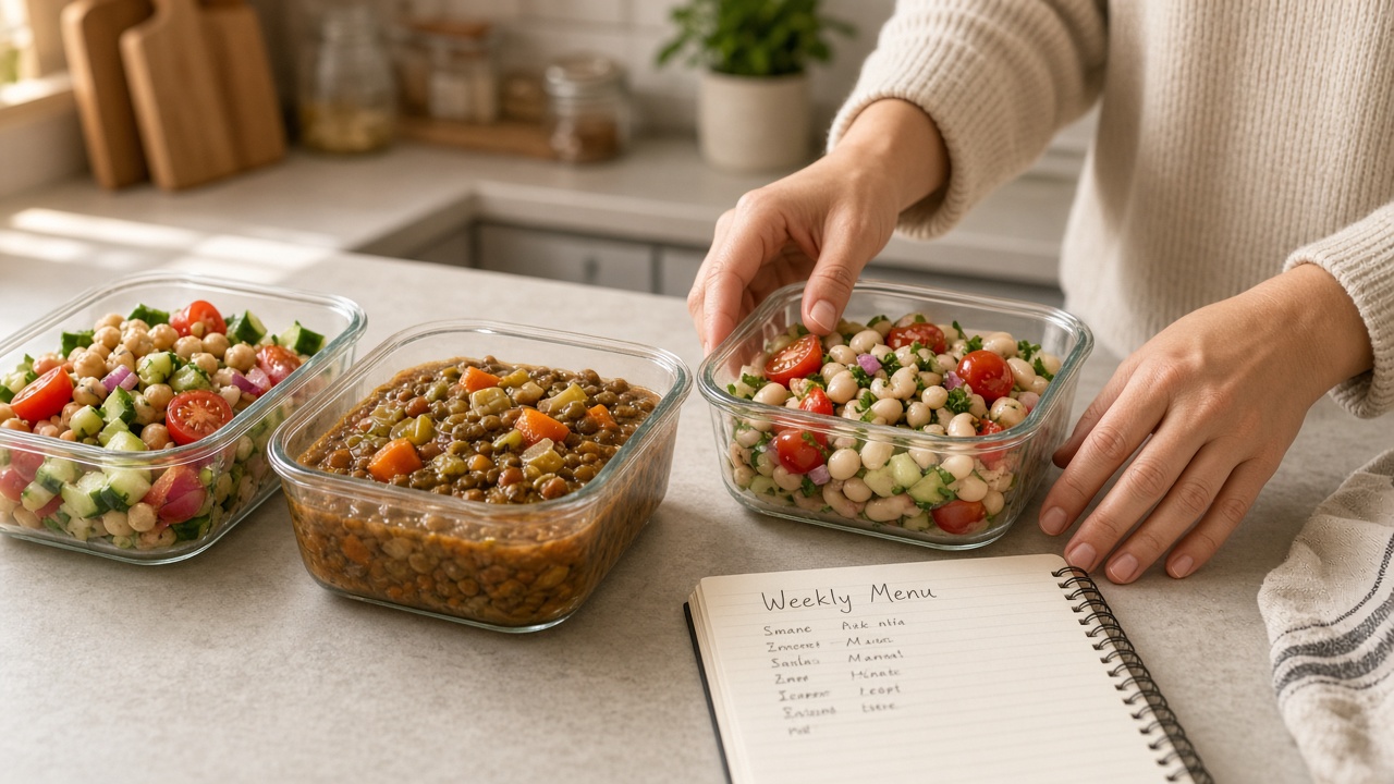 Tuppers con ensalada de garbanzos, guiso de lentejas y alubias preparados para la semana