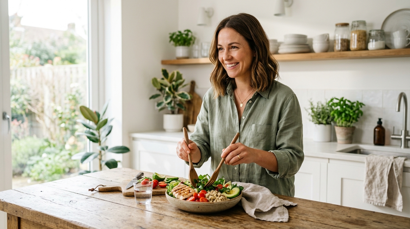Mujer preparando un almuerzo equilibrado con verduras, proteína y cereales integrales en una cocina luminosa