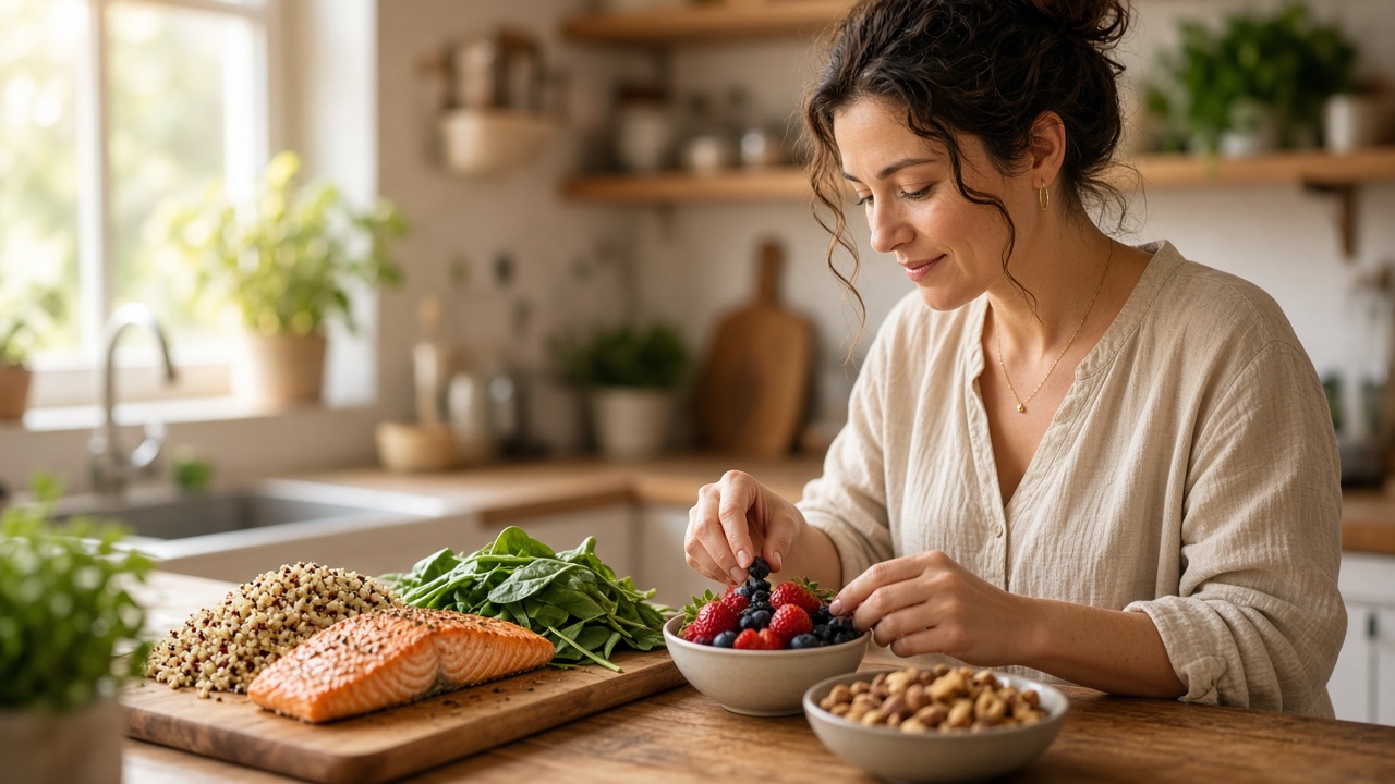 Mujer preparando un plato equilibrado con salmón, verduras y frutos secos en una cocina moderna