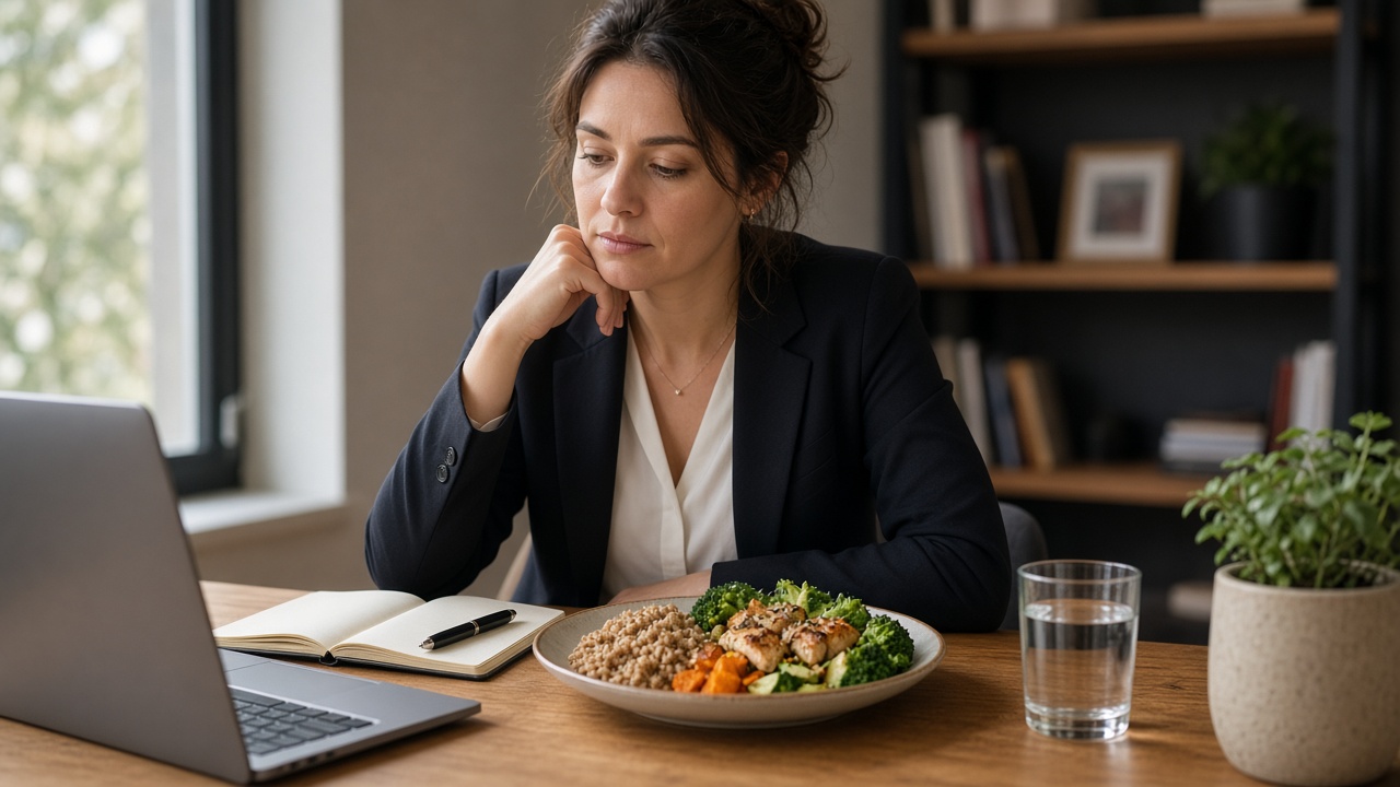 Mujer profesional con almuerzo equilibrado en el escritorio junto a un portátil en una jornada laboral exigente