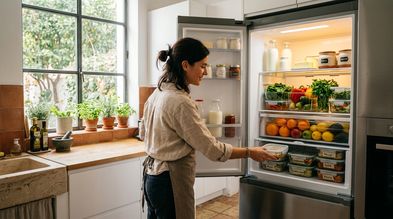 Mujer organizando una nevera con verduras en recipientes transparentes y tápers etiquetados en cocina luminosa