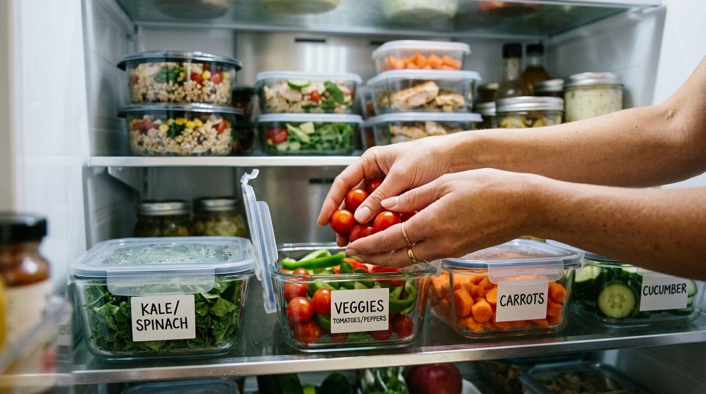 Manos colocando verduras frescas en recipientes transparentes dentro de una nevera organizada