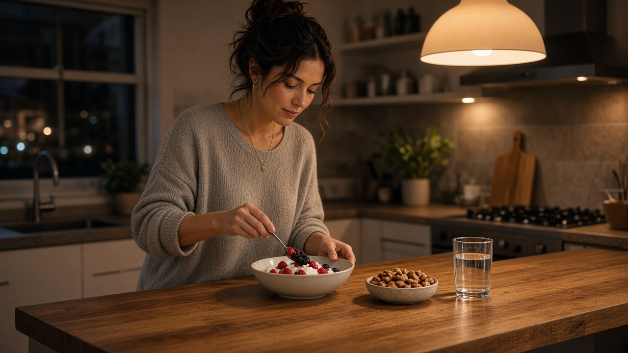 Cocina cálida por la tarde con snack equilibrado: yogur con frutos rojos y frutos secos