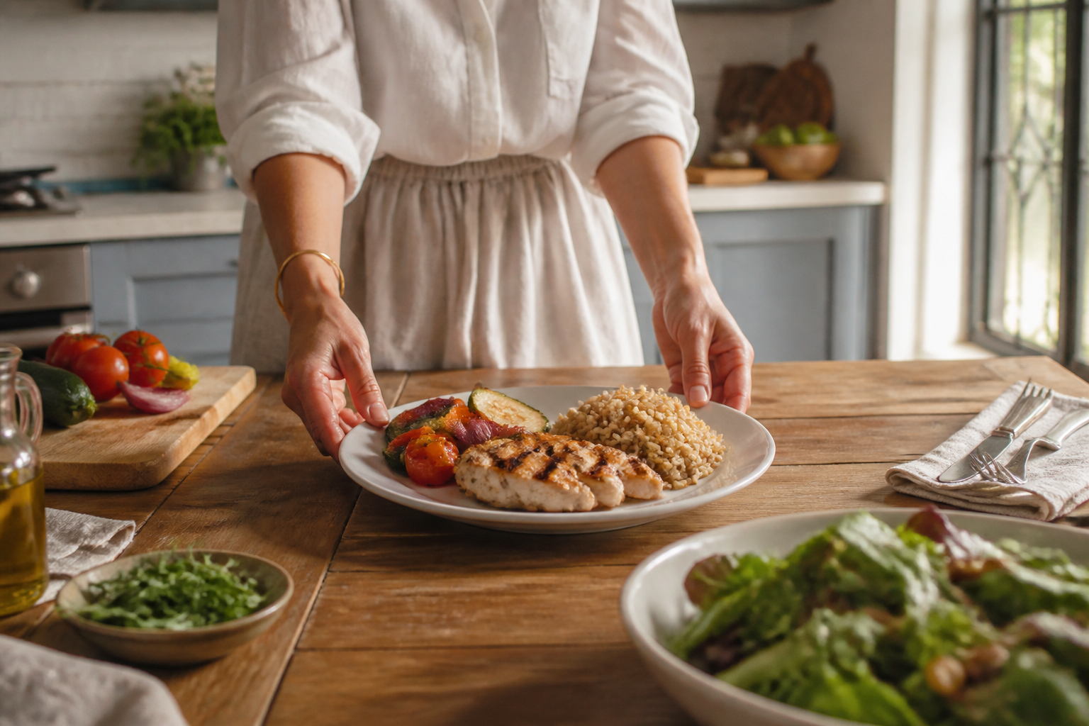 Manos sirviendo una cena equilibrada con pollo, verduras asadas y arroz integral en cocina luminosa