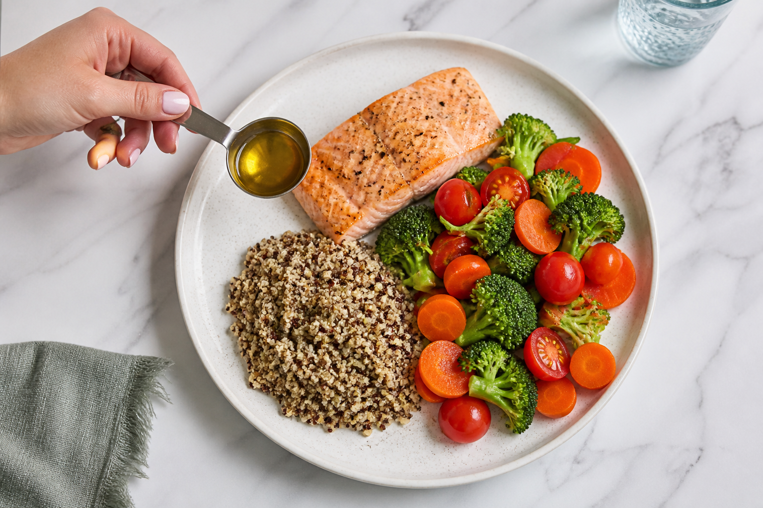 Vista cenital de un plato con porciones equilibradas de salmón, quinoa y verduras