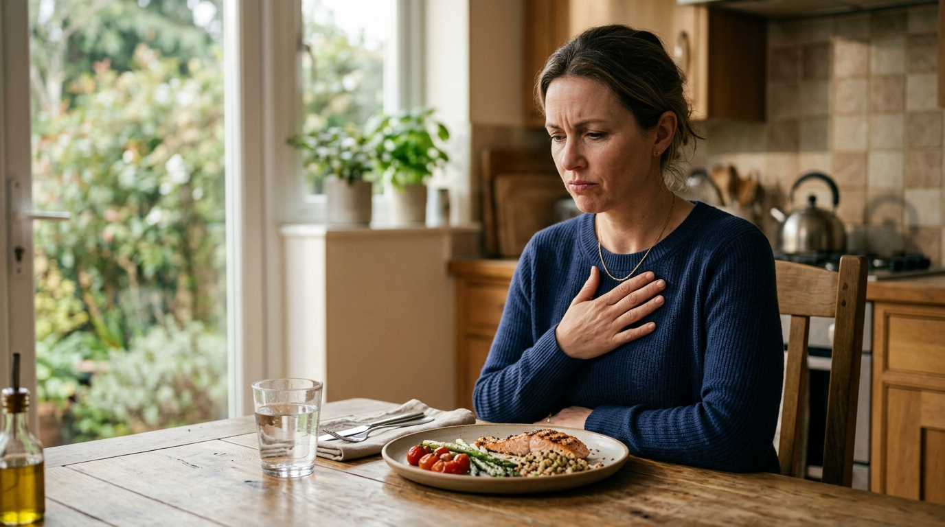 Mujer en cocina con molestia de acidez tras comer un plato equilibrado con pescado y verduras