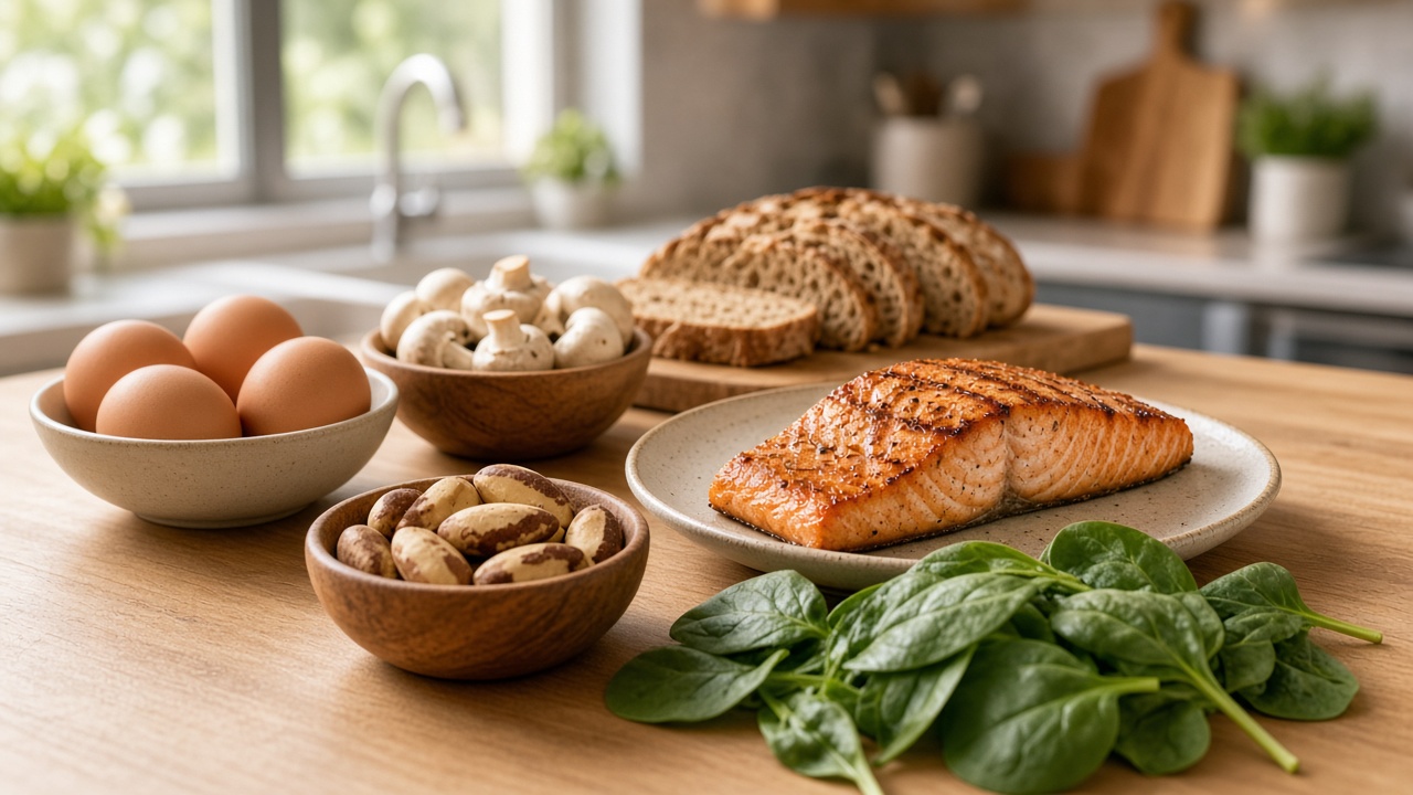 Selenio: alimentos ricos en nueces de Brasil, pescado, huevos y cereales integrales sobre encimera de cocina