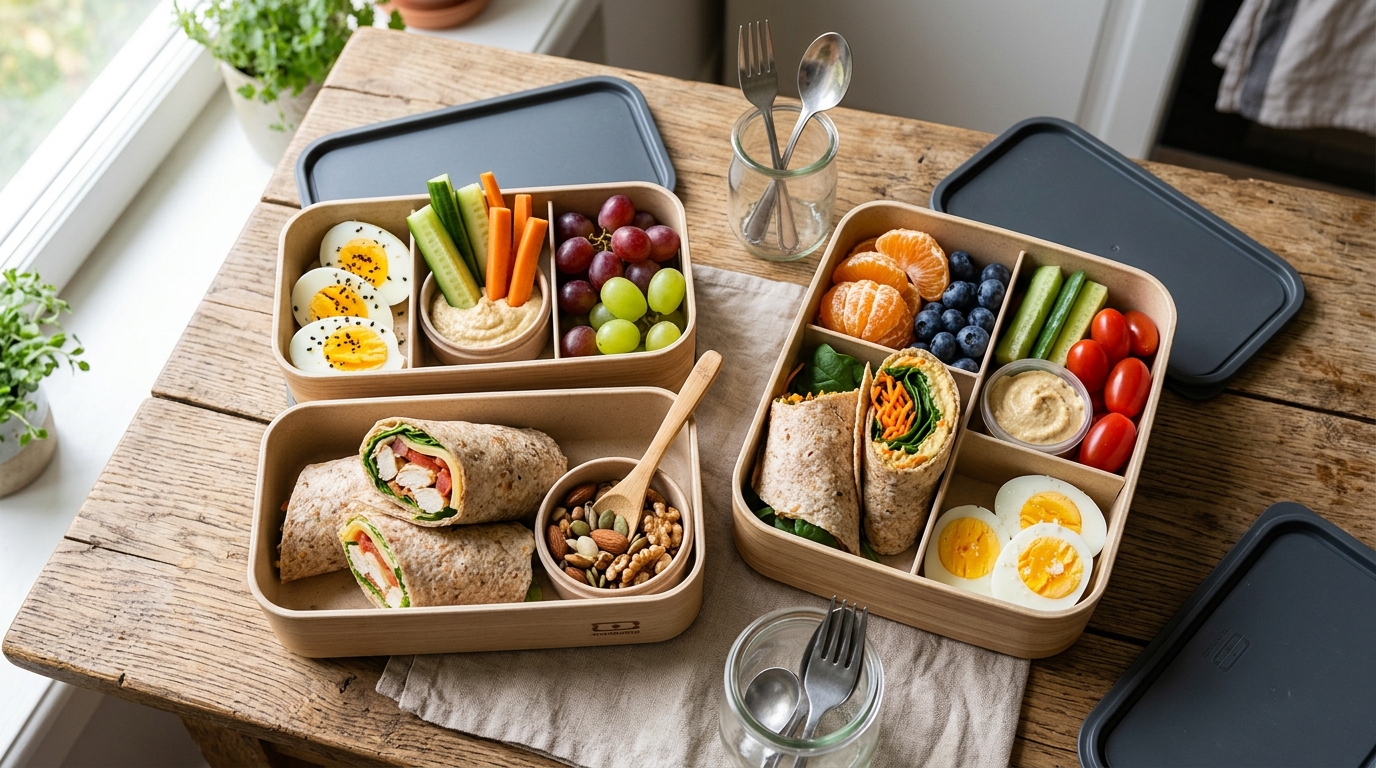 Dos tuppers equilibrados con huevo, hummus, verduras, fruta y frutos secos para la vuelta al cole