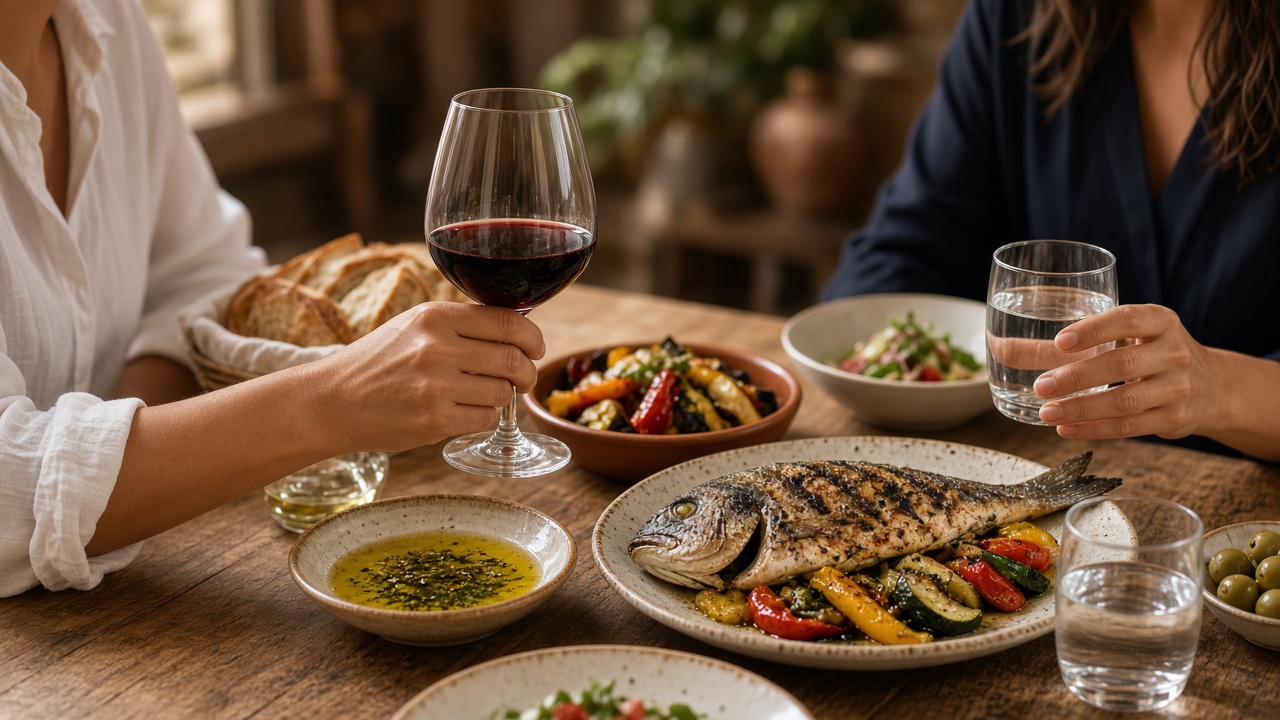 Cena equilibrada con copa de vino y plato mediterráneo en restaurante