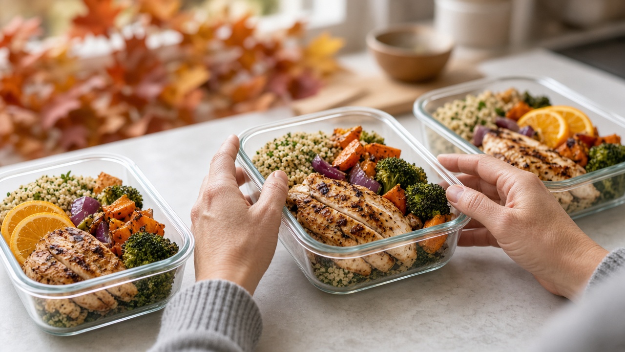 Tupperwares con comida equilibrada de otoño preparados en cocina