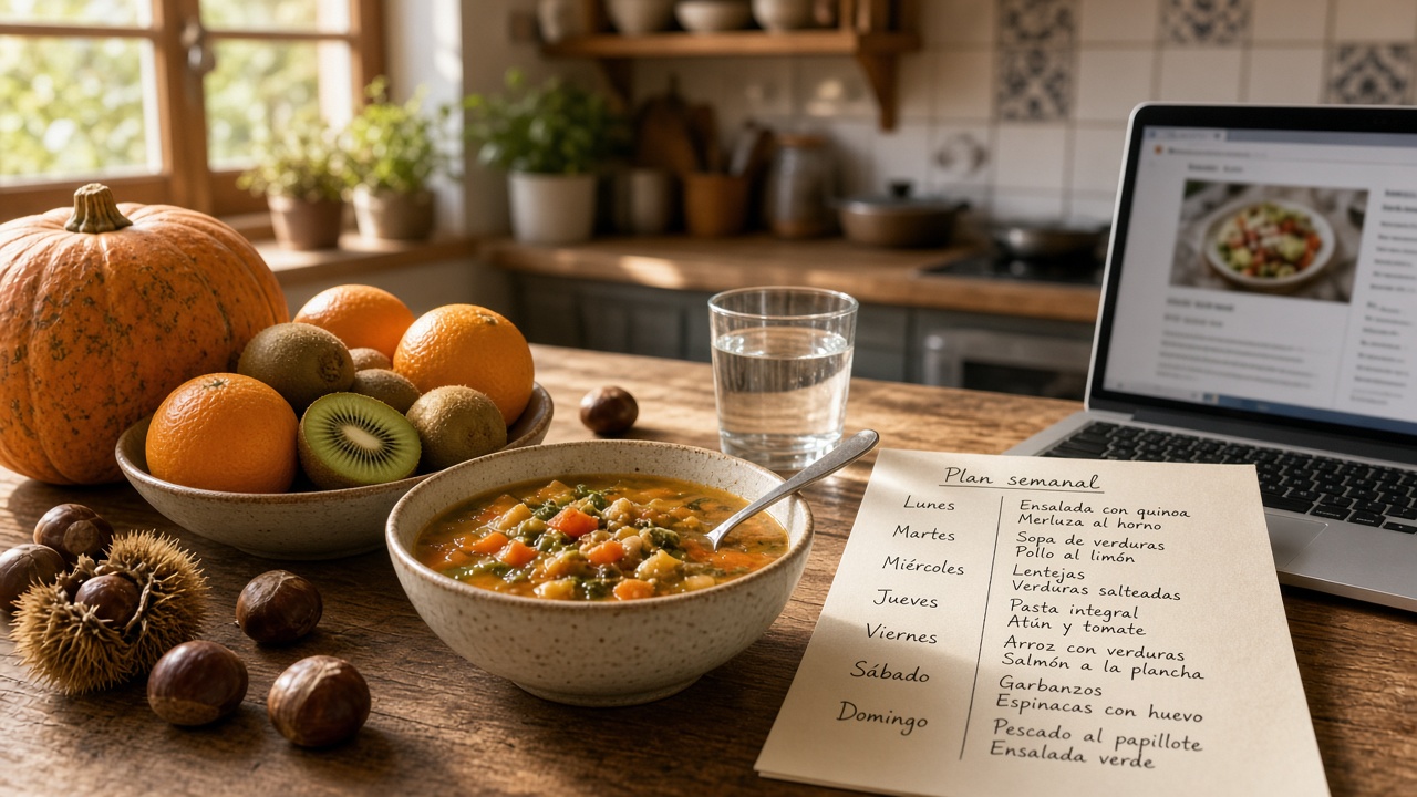 Cocina otoñal con frutas y verduras de temporada, caldo vegetal y plan de menú semanal sobre la mesa