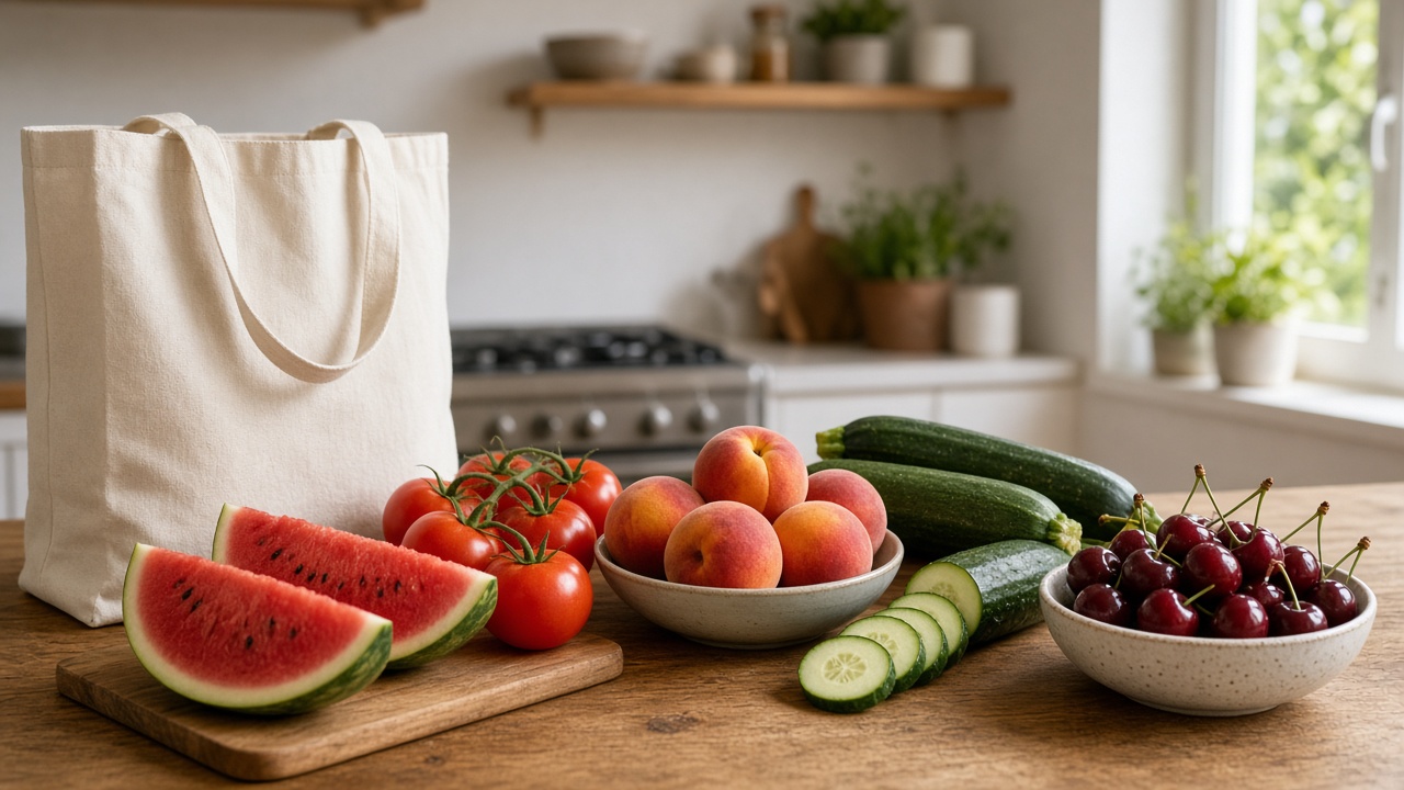 Frutas y verduras frescas de verano sobre una encimera de cocina luminosa