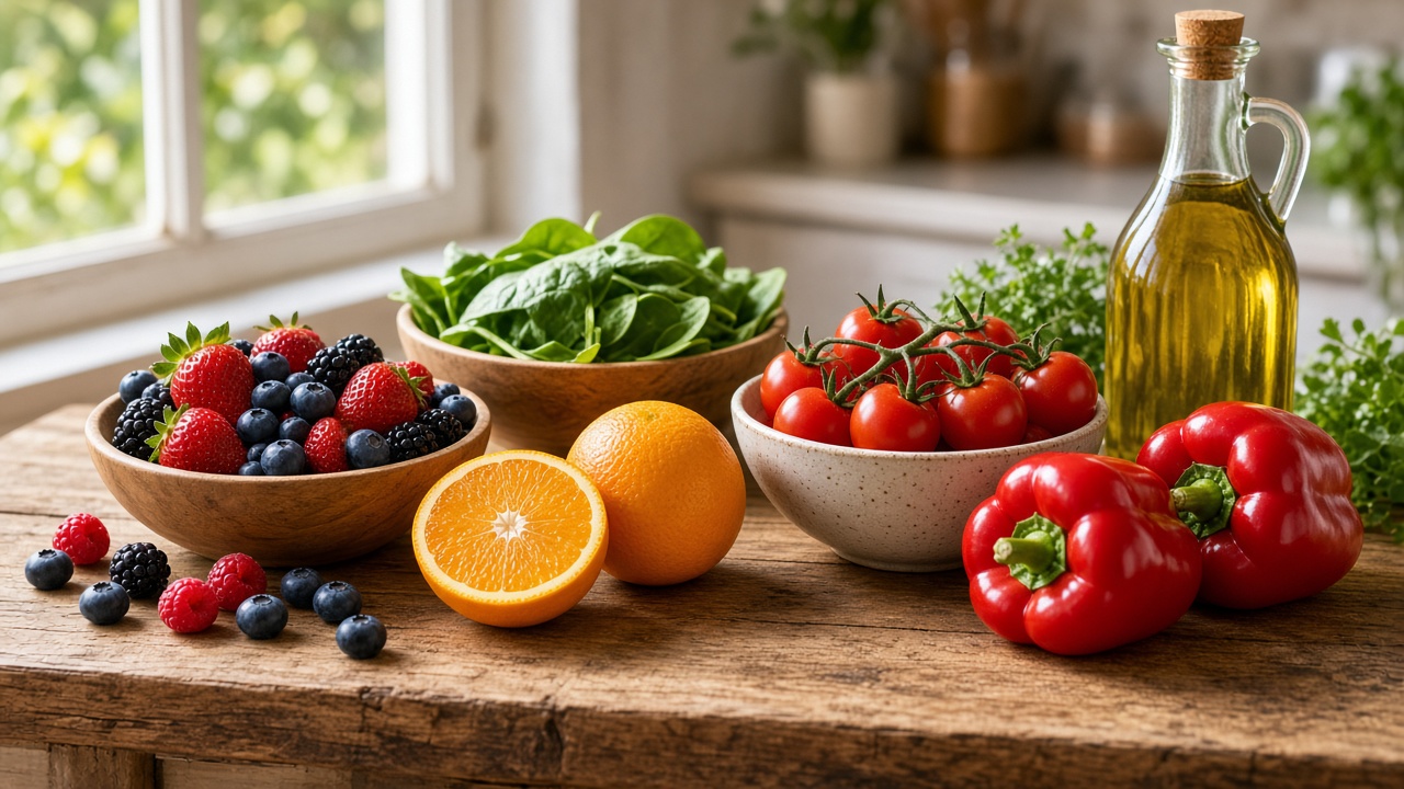 Frutas y verduras de colores variados sobre una encimera de madera con luz natural, estilo fotografía editorial de nutrición