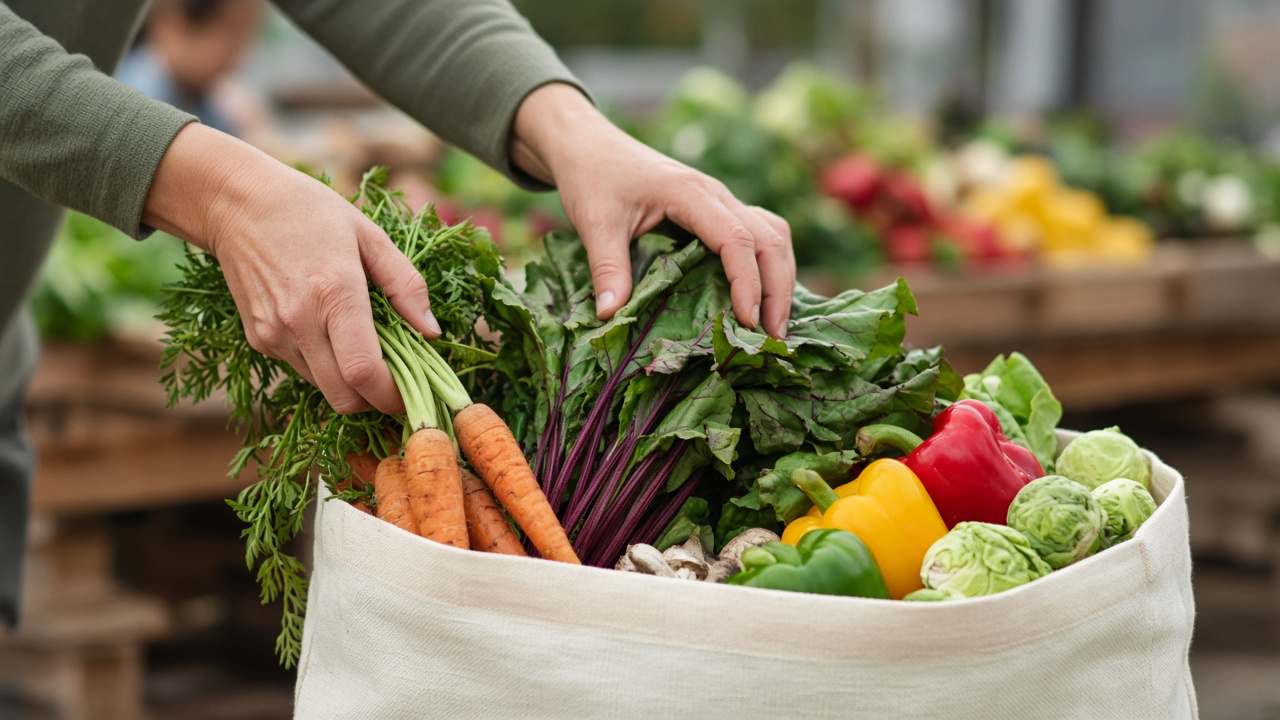 Manos eligiendo frutas y verduras frescas en un mercado para la compra semanal