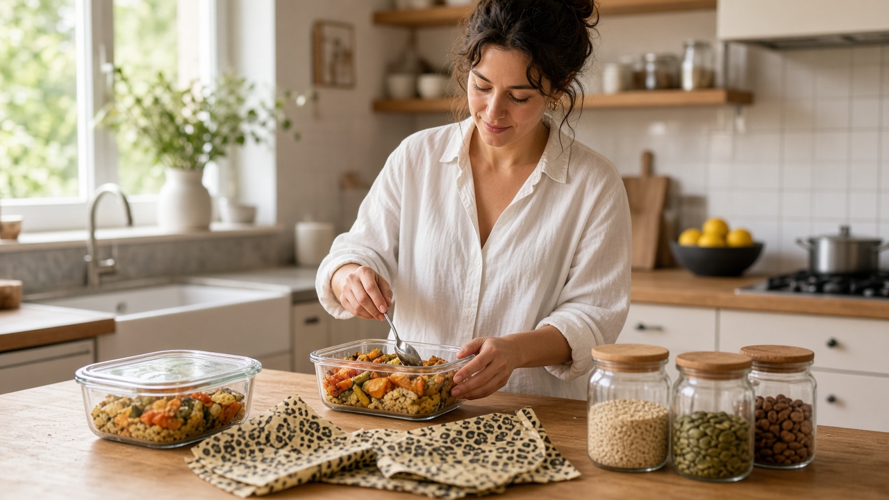 Mujer guardando sobras en tuppers de cristal en una cocina luminosa, aprovechar comida en casa