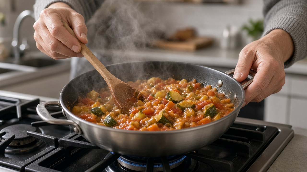 Recalentar guiso de verduras en una sartén con vapor, cocina doméstica real