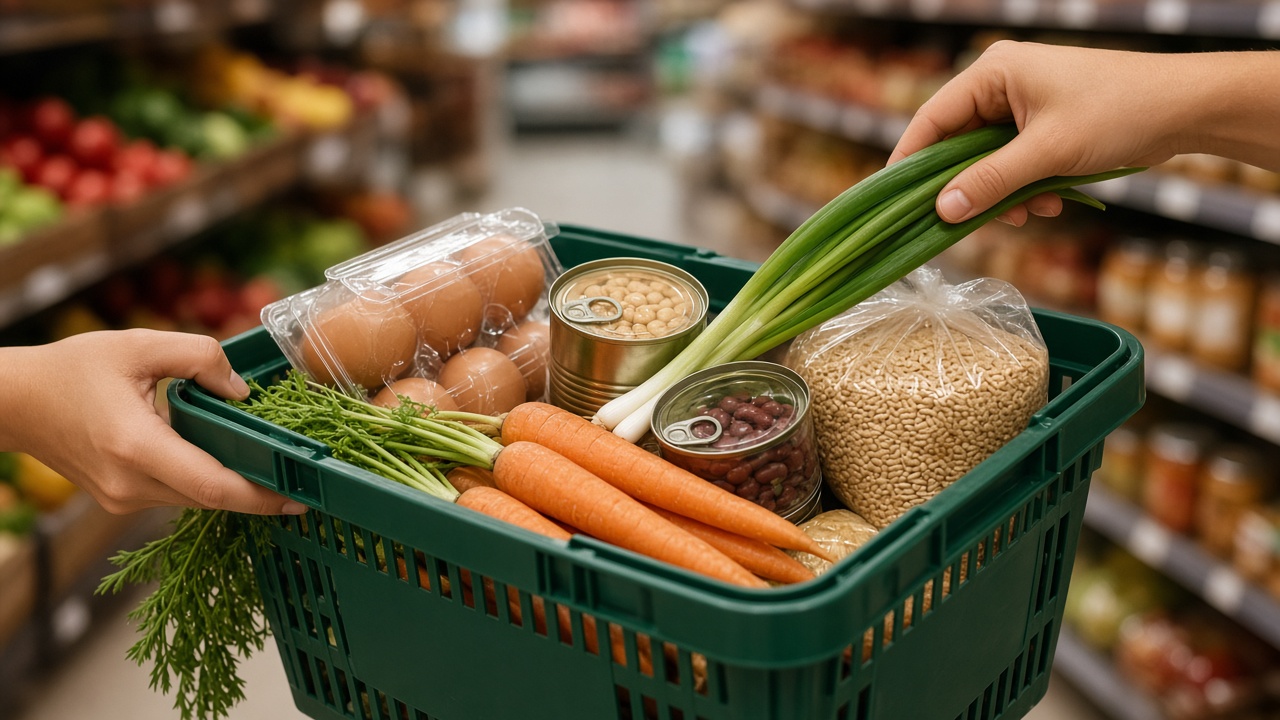 Cesta de la compra con verduras frescas, huevos, legumbres y cereales integrales para cocinar en casa