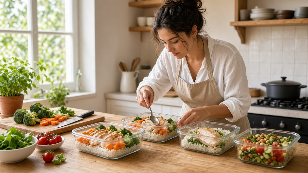 Mujer preparando tápers individuales con verduras y proteína en una cocina luminosa