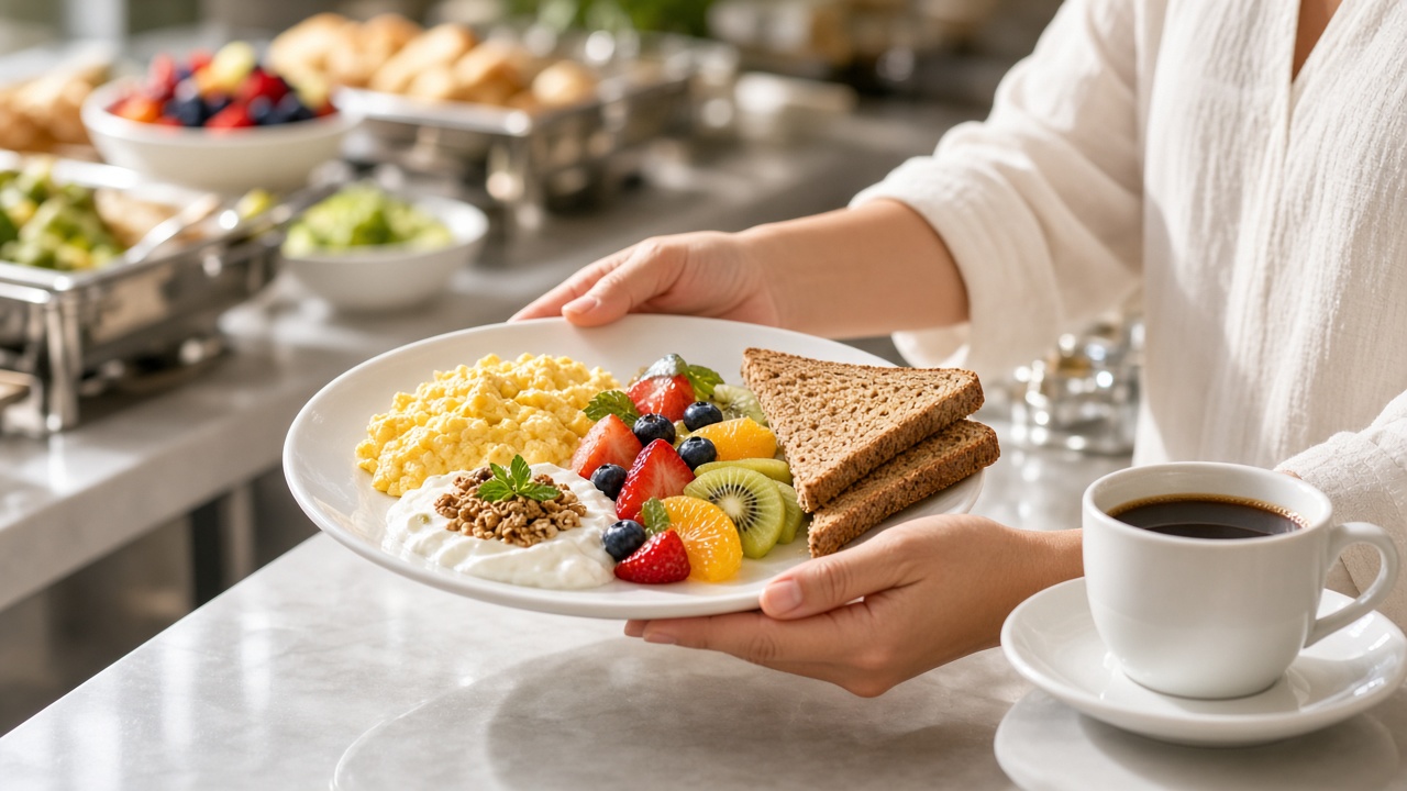 Desayuno de hotel con opciones equilibradas: huevos, fruta y yogur en un plato variado