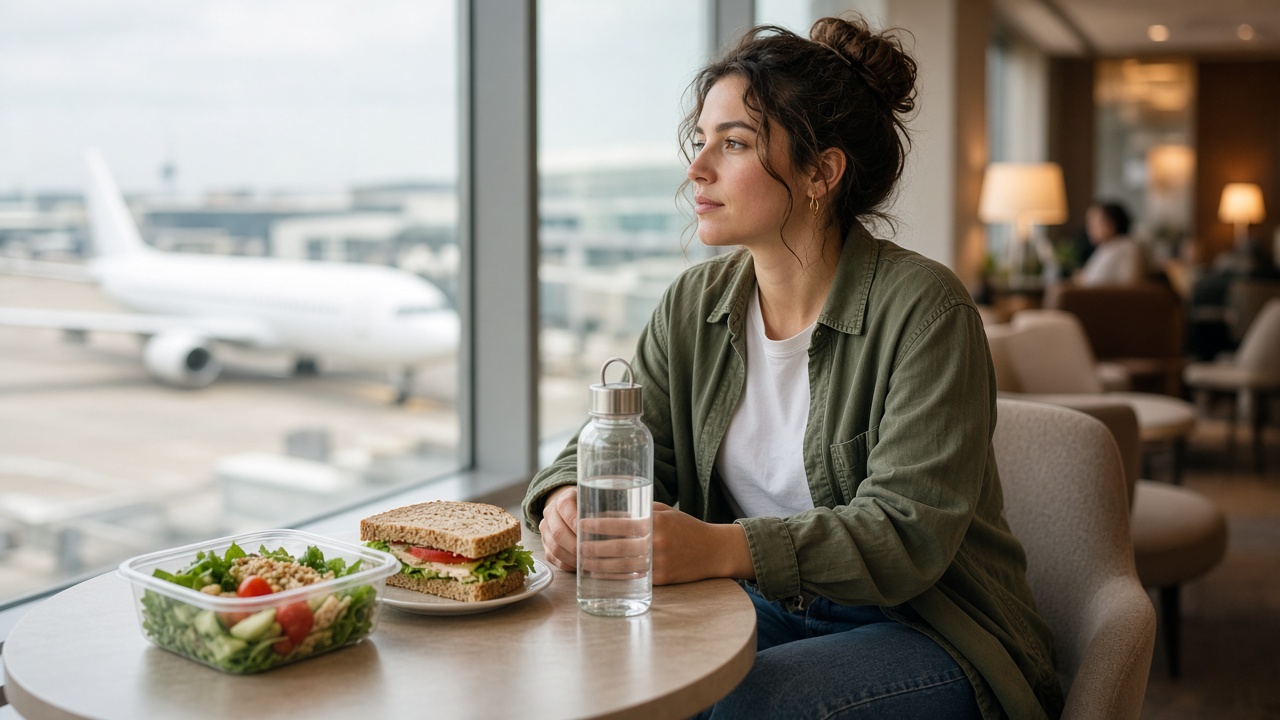 Viajera en sala de aeropuerto con comida equilibrada y botella de agua