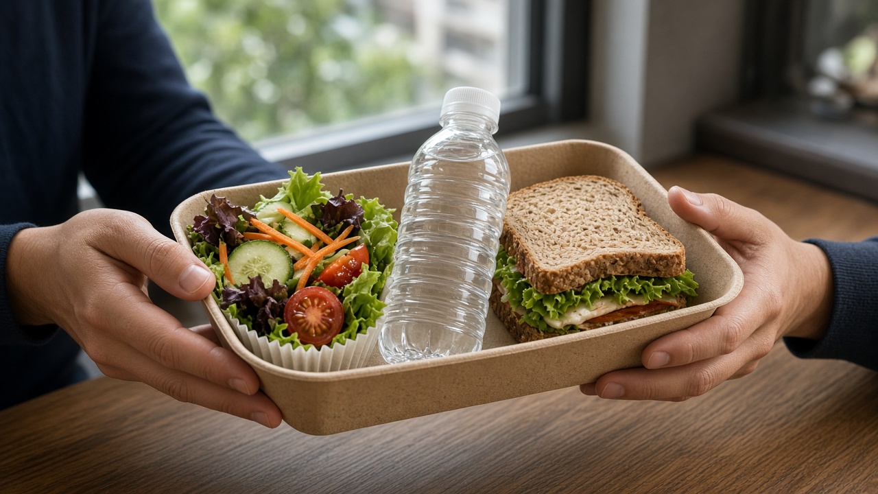 Bandeja con opciones más equilibradas en comida rápida: ensalada, agua y bocadillo integral