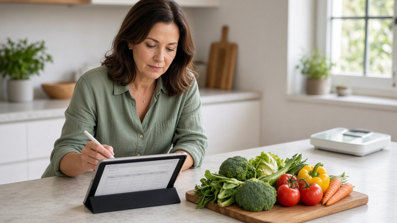 Persona revisando plan de alimentación en cocina con alimentos frescos, estancamiento en pérdida de peso