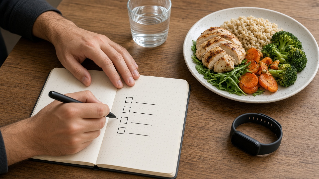 Persona revisando hábitos alimentarios con un cuaderno y un plato equilibrado