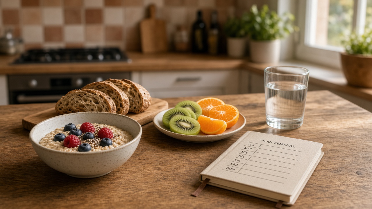 Desayuno rico en fibra con avena, fruta y agua en cocina moderna