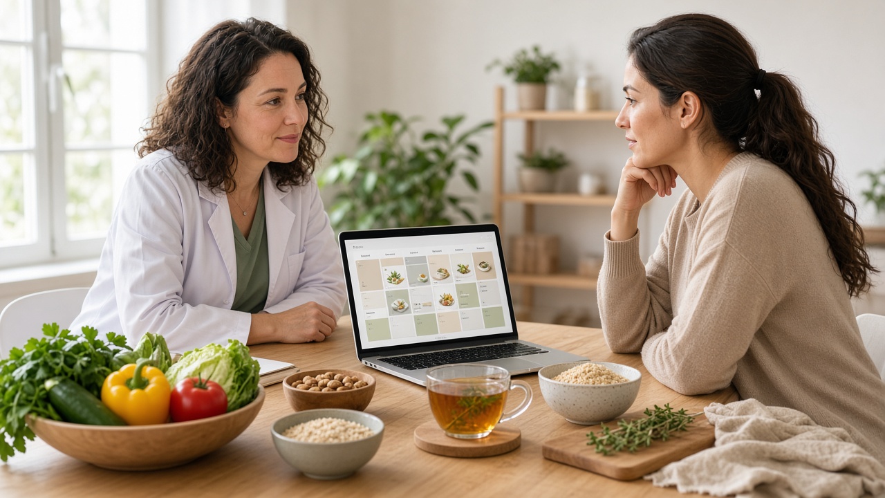 Consulta de nutrición en despacho moderno con alimentos frescos y planificador semanal