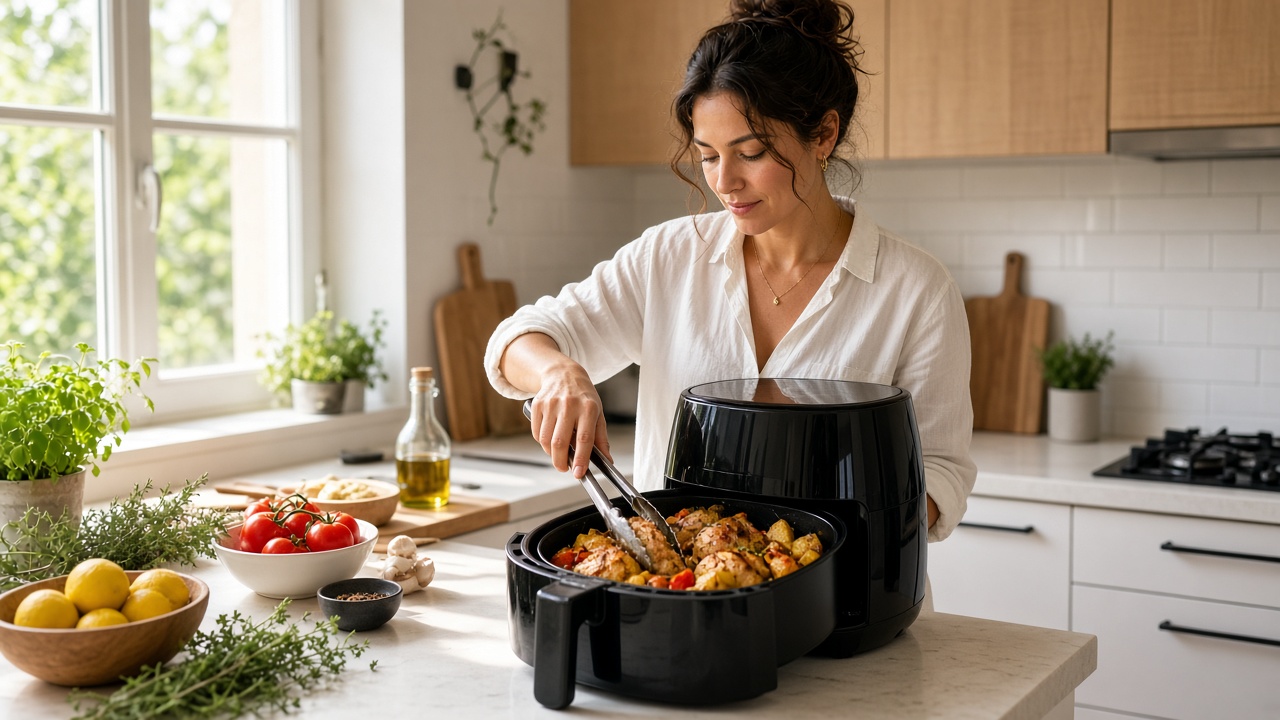 Cocina moderna con freidora de aire preparando verduras y pollo con ingredientes frescos